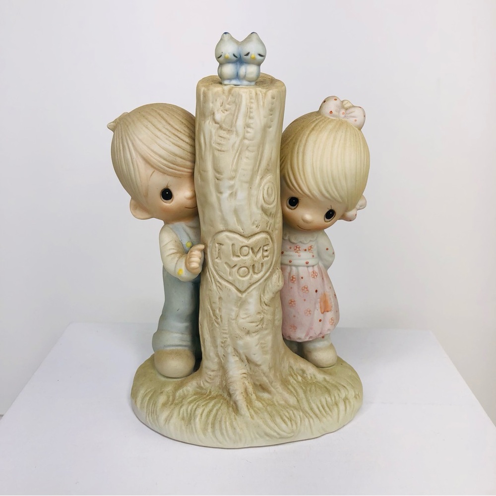 Vtg 70s Precious Moments Figurine Boy Girl Childhood I Love You Tree Birds Gift